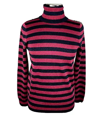 J Crew Sweater  M Turtleneck Metallic Sparkle Stripe Preppy Blue Fuchsia Pink • $12.88