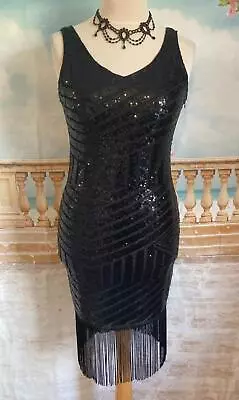 Dress 12 14 Black Fringe Sequin M Flapper Gatsby Peaky Blinders Party 20's • £19.99