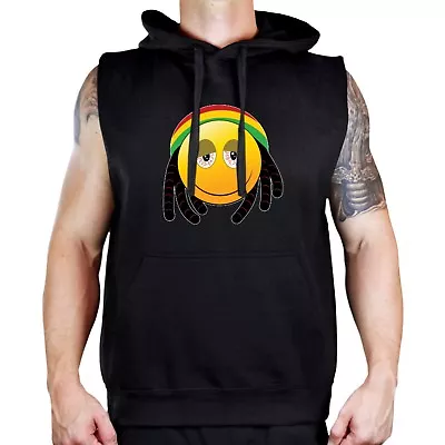 Men's Emoji Rasta Black Sleeveless Vest Hoodie Weed Blunt High Jamaica Dreadlock • $25.99