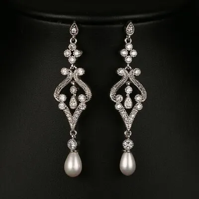 Vintage Art Deco Style Pearl Chandelier Earrings Teardrop Long Statement Bridal • $25