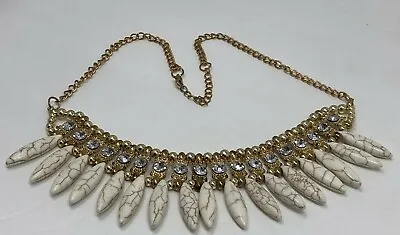 Necklace Gold Tone Clear Crystal White Veined Beads Claw-ish Shape Choker • $12.99