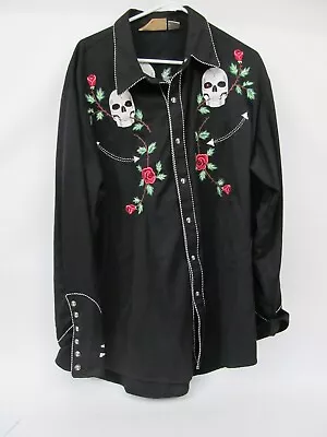 Western Cowboy Pearl Snap Embroidered Rodeo Shirt XL Scully Skull Roses Black • $59.99