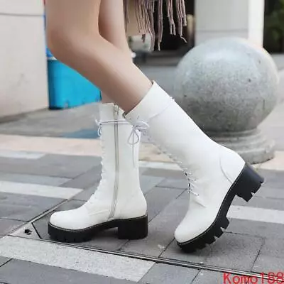 Gothic Women Zip Lace Up Military Mid Calf Boots High Top Shoes • $46.64