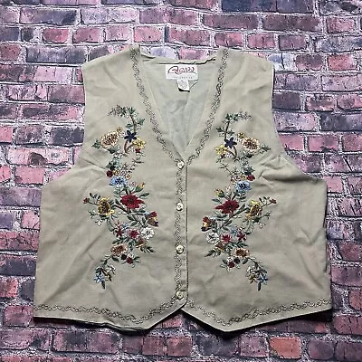 Vintage Vtg Agapo Women’s Khaki Vest Floral Embroidered XL Grandma Cottage Mom • $22