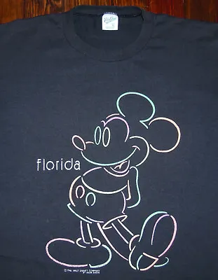 T Shirt Vintage 90s Mickey Mouse Florida Neon Velva Sheen Single Stitch Size XL • $27.50