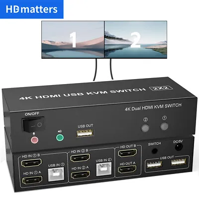 Dual Monitor HDMI 2.0 KVM Switch 4K@60Hz USB KVM Switcher 2X2 2X1 For 2 Computer • $33.95