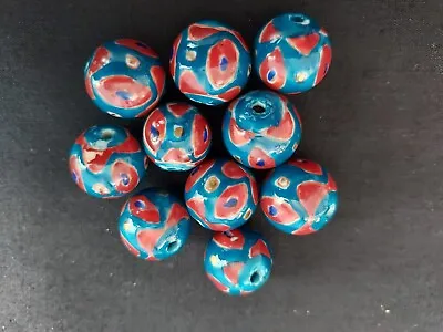 £2.50 • Buy Hand Painted Blue And Red Ceramic Beads X 10 Qty