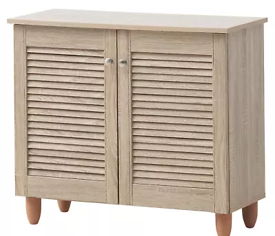 Shoe Storage Cabinet 2 Slatted Doors Rack Cupboard Stand Drawer Unit Footwear • £61