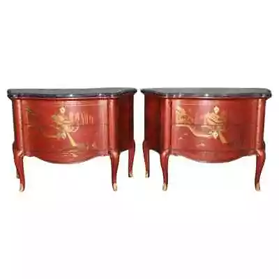 Pair Of Marble Top Red Chinoiserie E.J. Victor French Louis XV Commodes • $5950