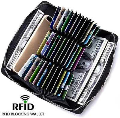 Large Capacity Credit Card Holder 36 Slots Zipper Leather Wallet RFID Blocking • $13.34