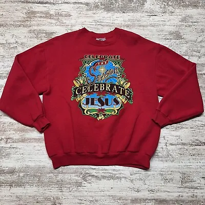 Vintage Christmas Sweatshirt Adult Large Red Celebrate Jesus Church Cotton 90s • $22.49