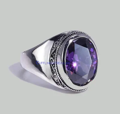Natural Amethyst Gemstone With 925 Sterling Silver Ring For Men's #C432 • $80.75