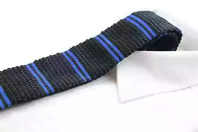 Knitted Black & Royal Blue Striped Patterned Neck Tie • $7.39