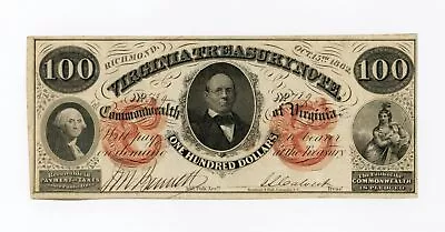 1862 Cr.6 $100 VIRGINIA Treasury Note - CIVIL WAR Era • $179