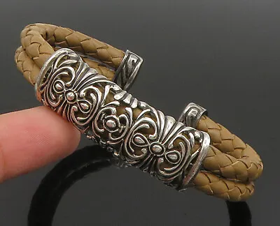 ESPO SIG 925 Silver - Vintage Brass Scroll Detail Leather Cuff Bracelet - BT9391 • $119.15