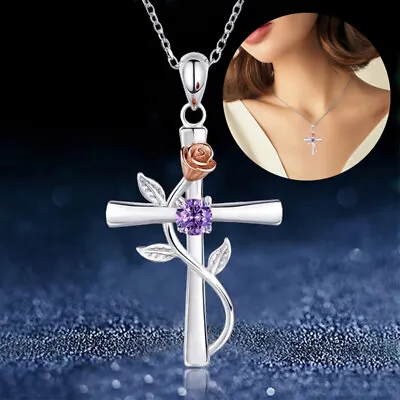 Rose Flower Leaf Cross Pendant Necklace Chain Jewelry Women Men Creative Gifts • $1.29