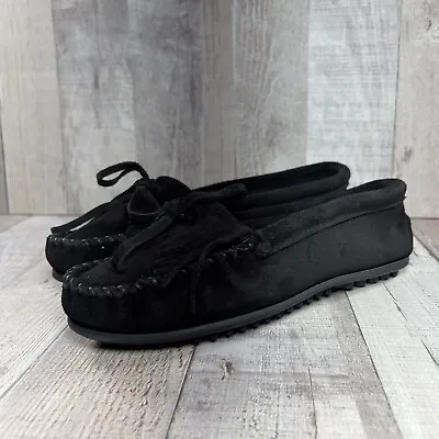 Minnetonka Women's Kilty Hardsole Suede Moccasin Loafer Slip On Black Size 7 400 • $19.95