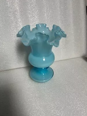 Vintage Baby Blue Opalescent Ruffled Crimped Edge 6.5 In. Vase Fenton-#G75 • $29