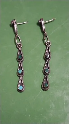 Vtg Native Sterling Turquoise Dangle Drop Earrings Zuni • $45