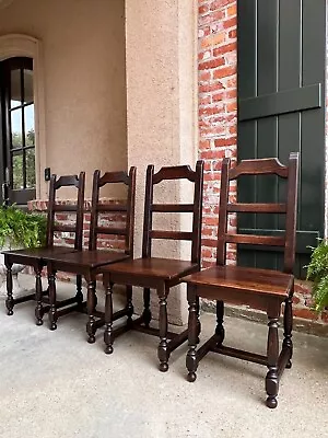 SET 4 Antique French Country Dining Chair Ladder Back Carved Dark Oak • $1250