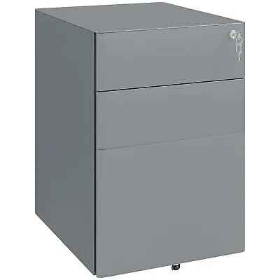 Vinsetto 3 Drawer Metal Filing Cabinet Lockable 5 Wheels Compact Under Desk Grey • £79.99