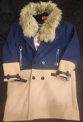 SWITCH Classic Blue Beige Knee Length Fur Collar Mens Jacket Coat Size XL • $9.99