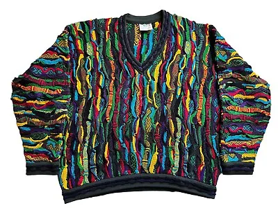 Vintage COOGI Crazy Striped V Neck Knit Sweater 90s Bright Colors L Multi • $259.19