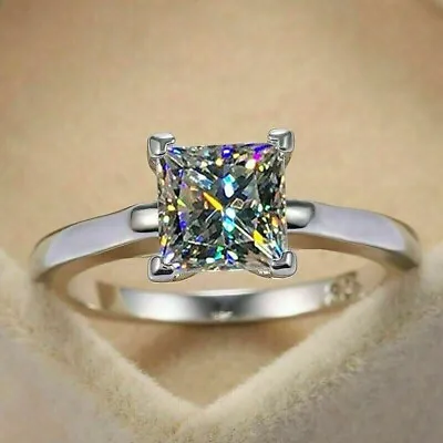 3.00Ct Princess Cut Real Created Diamond Solitaire Engagement Ring In 925 Silver • $65.57