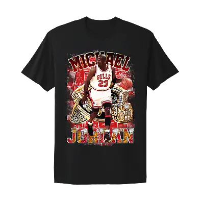 Michael Jordan 6 Rings Chicago Bulls Retro Vtg Style Design Black T-Shirt • $18.99