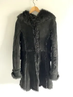 COACH Size M Black Knee Length Hooded 100% Leather Sheepskin Coat Snap Closure • £249