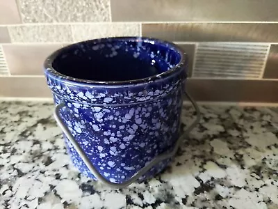 Blue Marbled Crock Small Ceramic Container Wisconsin Cheese Advertising Gift Jar • $18.95