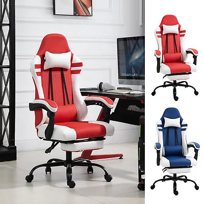 Racing Gaming Chair Faux Leather With Wheels Pillow Footrest Home Office • £104.99