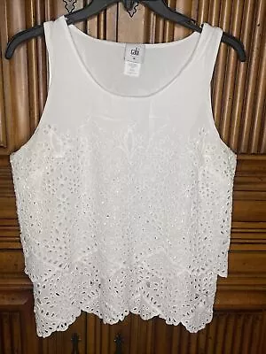 CAbi Top Tank Womens Medium White Eyelet Cotrtagecore Lagenlook Scalloped Pretty • $9.99