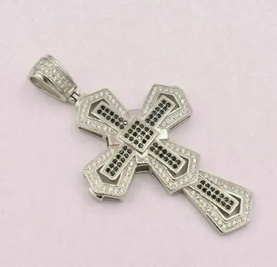 1.8Ct Black White Round Diamond Men's 925 Sterling Silver Double Cross Pendant • $79.79
