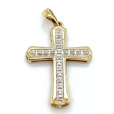 9CT YELLOW GOLD DIAMOND SET CROSS PENDANT TW 0.9g • $239