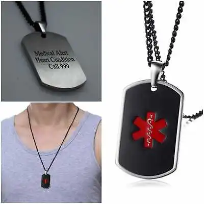 Heart Condition Angina Medical Alert Necklace Stainless Steel Chain Curb Dog Tag • £11.99