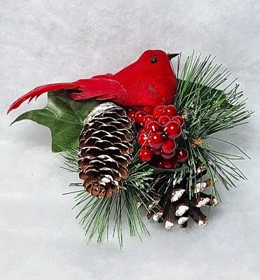 Cardinal Clip On Ornament With Pine Branch Frosted Pinecones Holly Berries • $7.99