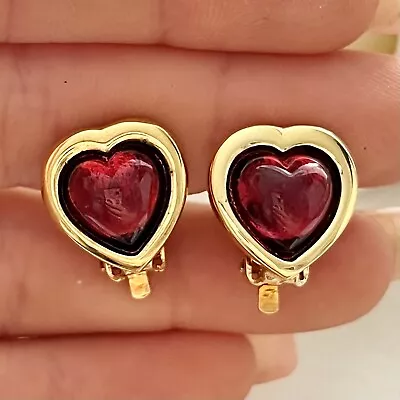 1980s Red Cabouchon Glass Gold Plated Love Heart Clip On Statement Earrings • £15