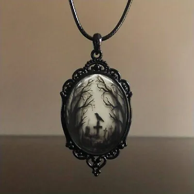 Gothic Raven Cross Necklace Witch Black Forest Glass Pendant Haloween Cosplay UK • £4.95