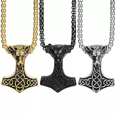 Men Stainless Steel Celtic Knot Wolf Head Thors Hammer Mjolnir Pendant Necklace • $12.99