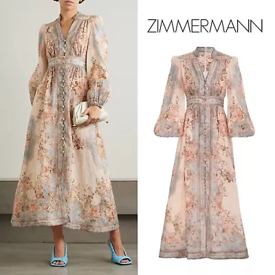 NWOT $850 Zimmermann August Plunge Midi Linen Dress Sky Blue Floral AU1 • £707.87