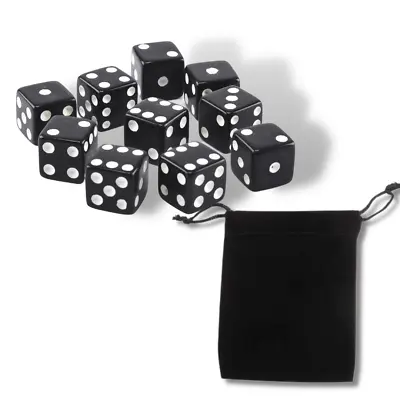 Set Of 10 Six Sided Square Opaque 16mm D6 Dice - Black With White Pip Die • $6.95