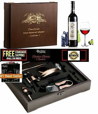 Wine Opener Aerator Rabbit Corkscrew Lever Bottle Accessories Gift Wood Box Set • $28.95