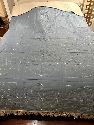 1992 Handmade Blue Bedspread Quilt Hand Embroidered W/Fringe -Signed -106  X 76  • $25