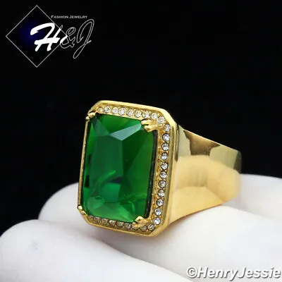 MEN's Stainless Steel Gold Plated Green Rhinestone Ring Size 6-13*GR98 • $17.99