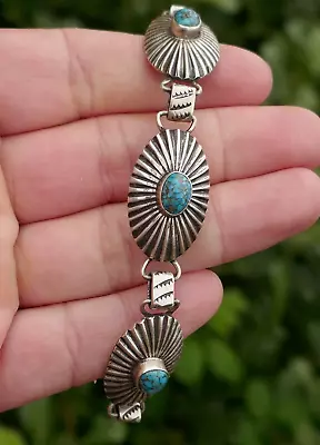 Vintage Navajo Sterling Silver & Turquoise Chain Style Bracelet - 7.25  Long • $69.95