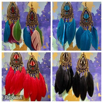 $6.99 • Buy Hippie Indian Bohemian Feather Long Earrings Lightweight