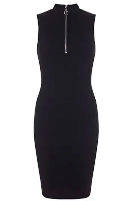 MISS SELFRIDGE Black Zip Front Sleeveless Bodycon Dress Retro Circle Zip Pull • £11.95