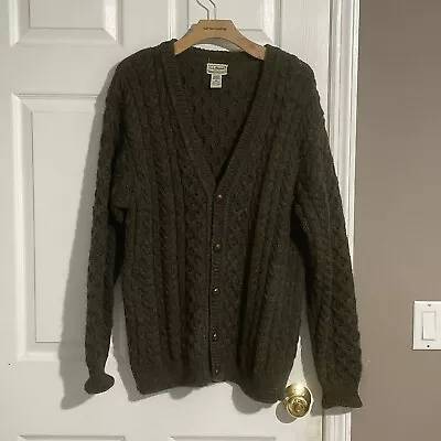 VINTAGE LL BEAN Cardigan Sweater Mens Medium 100% Wool Made In Ireland Olive GRN • $44.99