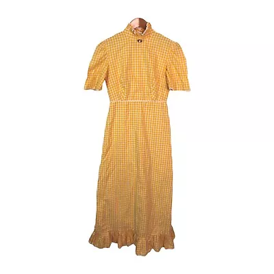 Vintage Hand-Made Maxi 70 S Dress Size 8 Yellow Check Pattern Short Sleeves • $44.95